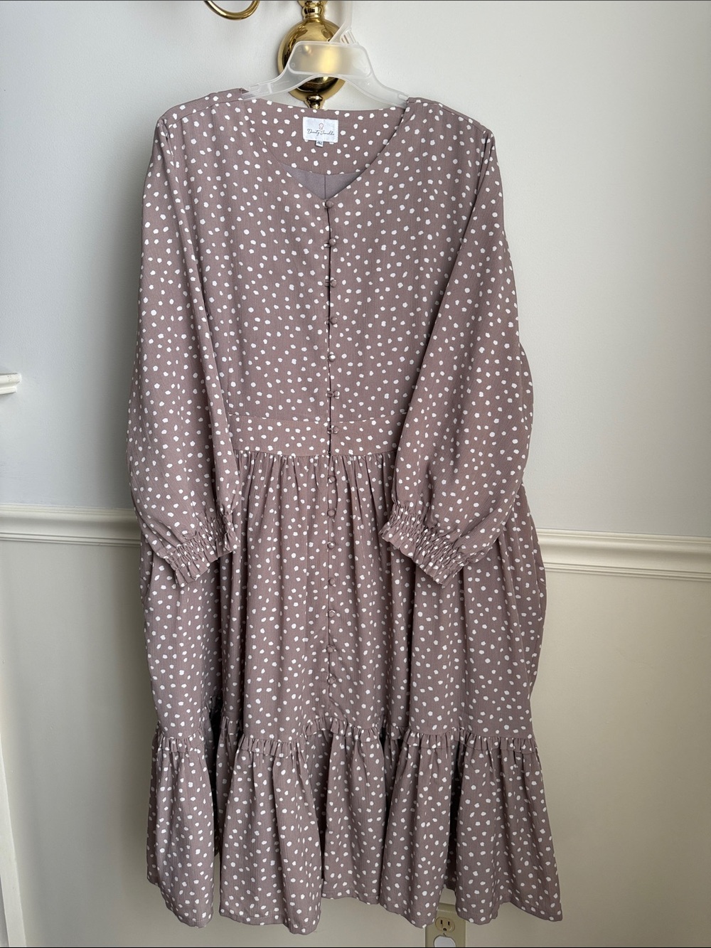 Dainty Jewells Mauve Polka Dot Button Front Long Sleeve Tiered Dress